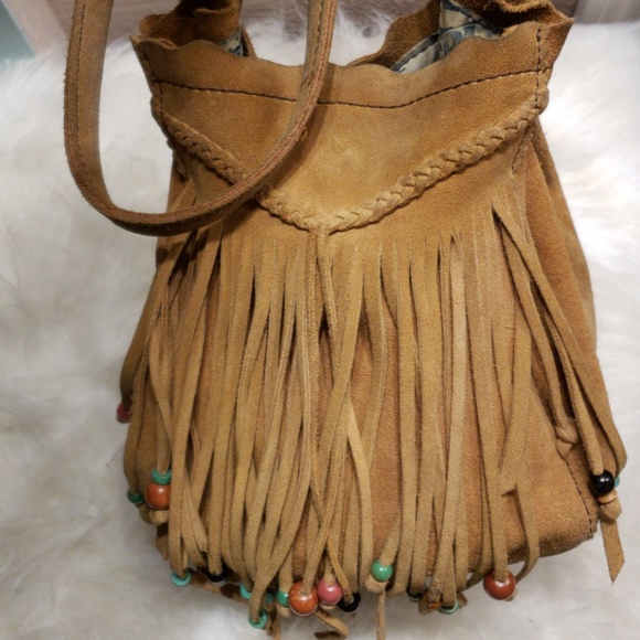 RARE lucky  Brand Suedewood beaded fringe purse - Picture 1 of 7